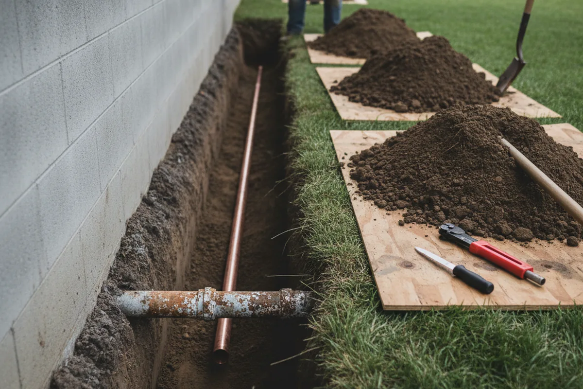 Excavated water line trench during Sewer Line Repair in Brush Creek